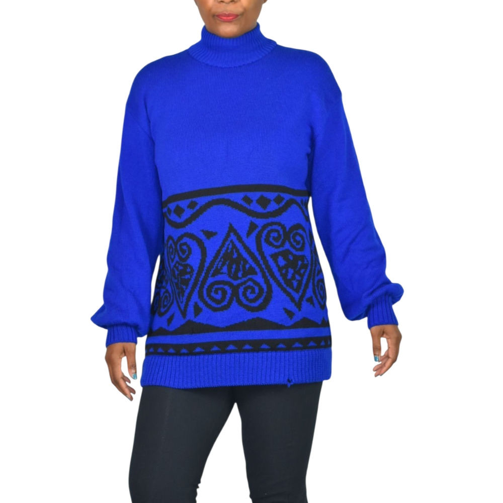Vintage St John Sportswear Sweater Blue Marie Gray Patterned Turtleneck Medium
